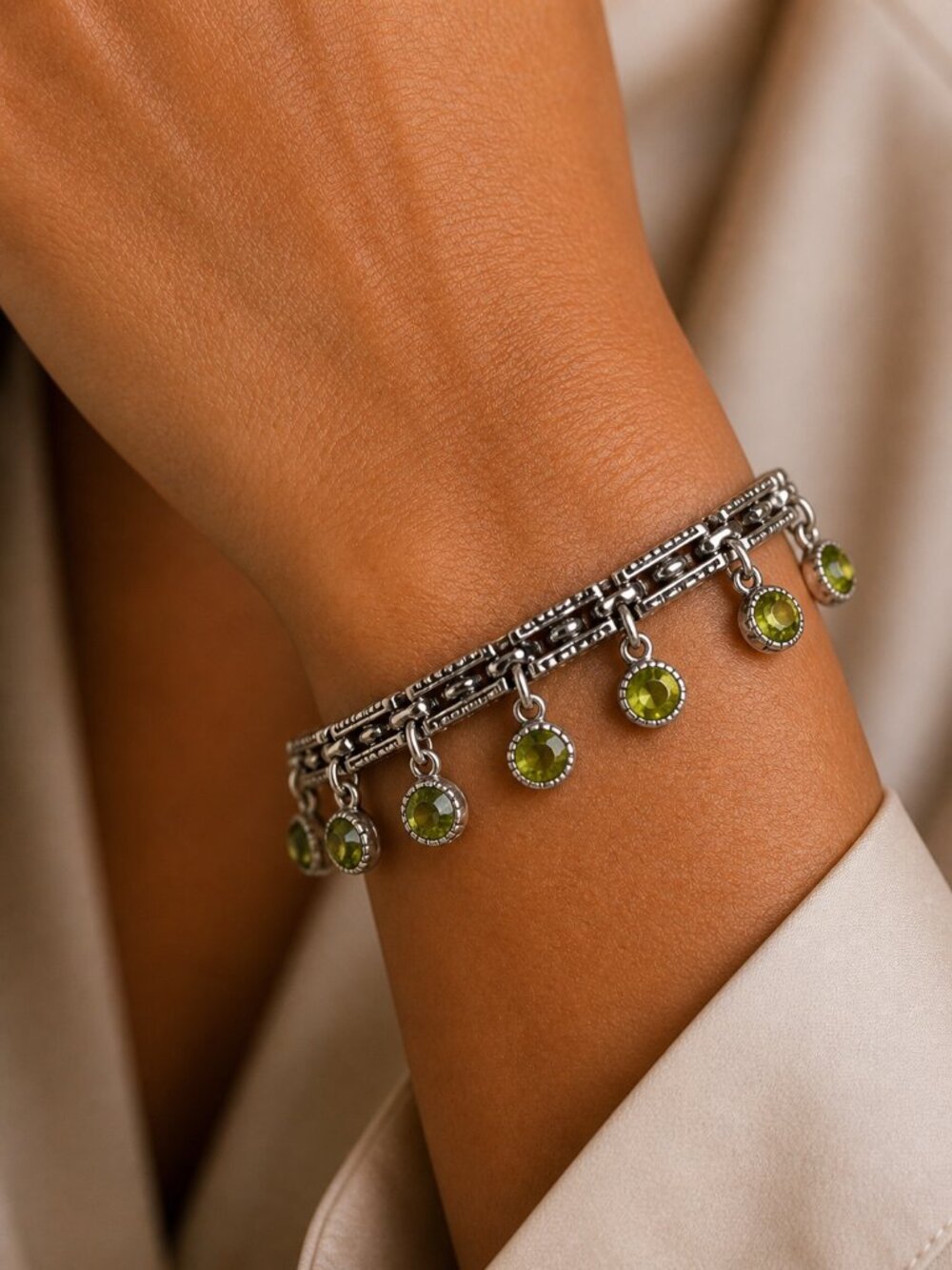 Faux Green Silver Peridot bracelet .